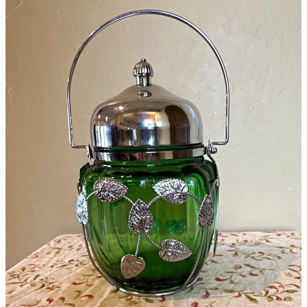 Vintage Mid-Century Green Glass Musical Biscuit Jar - Chrome Leaf Filigree Cage